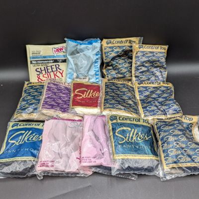 Lot of 14 New in Package Vintage Pantyhose Size Medium and B Silkies No Nonsense